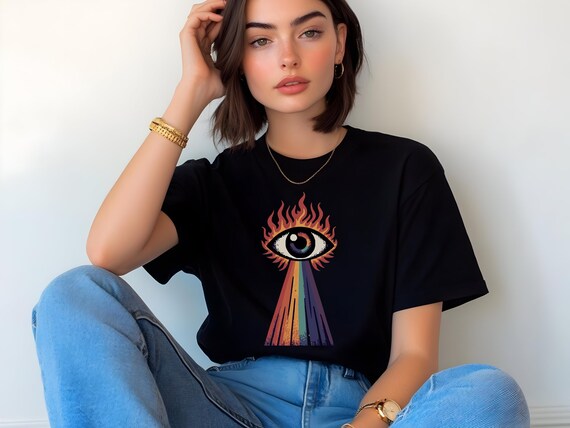 Festival Boho Graphic Shirt | Rainbow Eye Graphic T-Shirt | Goblincore Dark Aesthetic Mystical Tee | Unisex Trippy All-Seeing Eye Shirt |