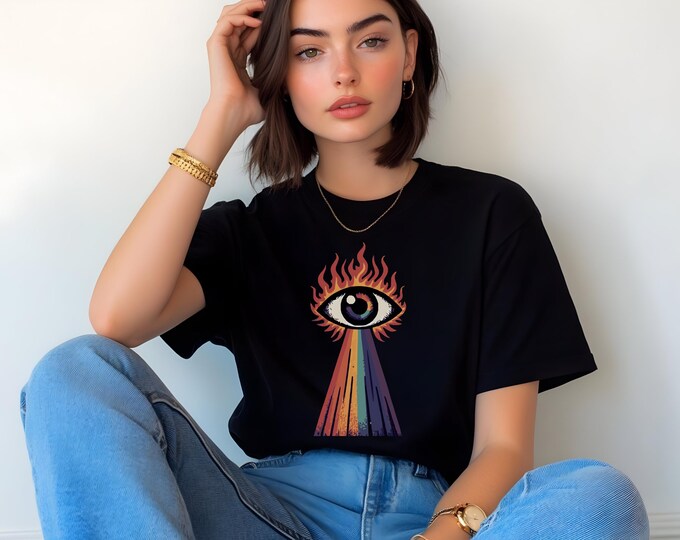 Festival Boho Graphic Shirt | Rainbow Eye Graphic T-Shirt | Goblincore Dark Aesthetic Mystical Tee | Unisex Trippy All-Seeing Eye Shirt |