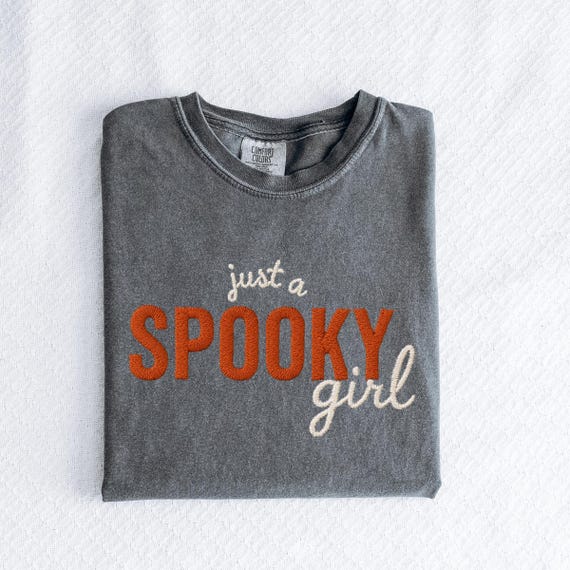 Spooky Girl Embroidered T‑Shirt | Comfort Colors Halloween Tee | Cute Fall Shirt for Women | Witchy Ghost Aesthetic | Cozy Gothic Shirt