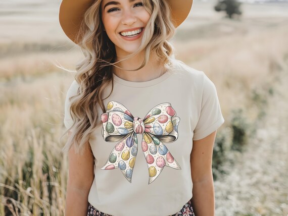 Coquette Easter Egg Bow T-Shirt | Cute Spring Bunny Shirt | Aesthetic Cottagecore Tee | Vintage Easter Holiday Graphic Tee