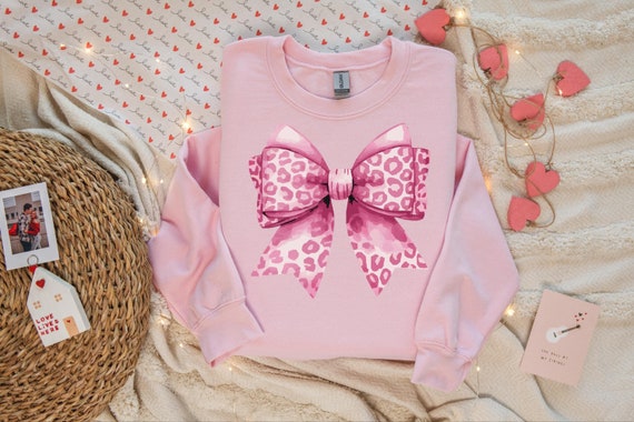 Valentine's Day Leopard Bow Sweatshirt | Cute Heart Graphic Sweater | Women's Valentine Outfit | Cozy Love-Themed Crewneck | Holiday Apparel