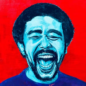 Richard Pryor Pop Art Painting, Original 20x24 Acrylic on Canvas, Blue Portrait on Red Background, One of a Kind, Signed Artwork by Kyoko