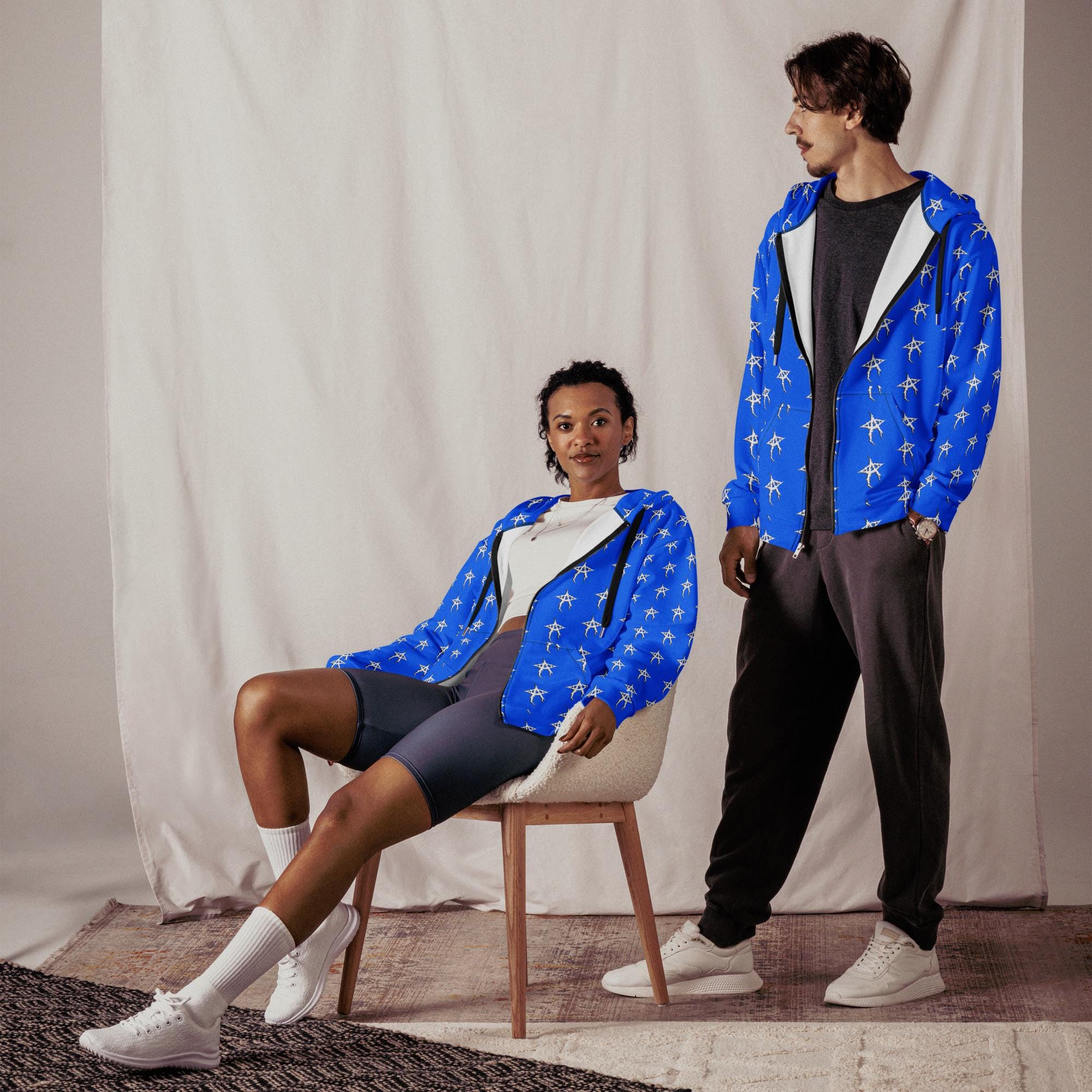 星柄のブルーパーカー | ソフトグラフィックストリートウェアパーカー