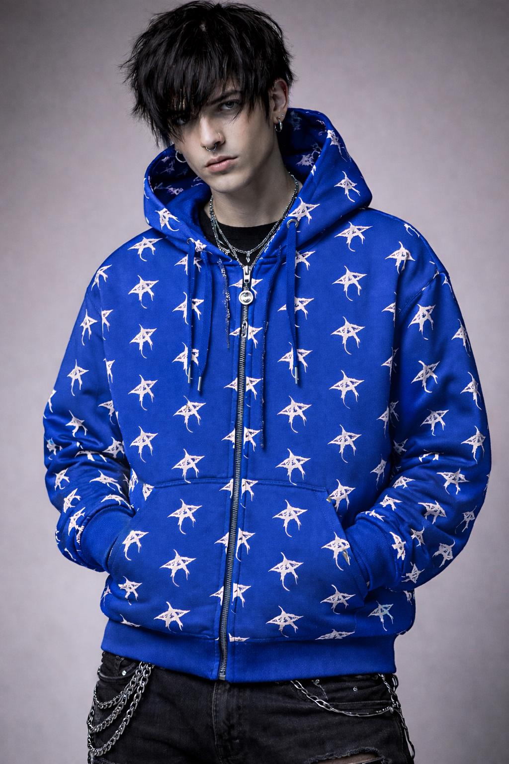 星柄のブルーパーカー | ソフトグラフィックストリートウェアパーカー
