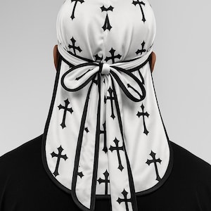 White Silk Cross Durag wave cap – Gothic Streetwear Headwrap | Unisex Designer Durag for Waves, Fashion & Hair Protection