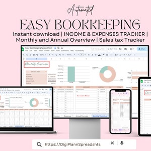 Puede incluir: Imagen de una hoja de cálculo de contabilidad digital que se muestra en varios dispositivos, incluyendo un portátil, una tableta y un smartphone. La hoja de cálculo muestra datos financieros con gráficos y tablas. El texto de la imagen dice "EASY BOOKKEEPING" y "Descarga instantánea".