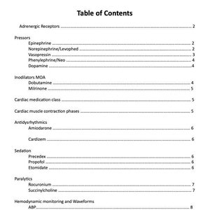 May include: Table of Contents for a medical textbook, listing topics such as Adrenergic Receptors, Pressors, Inodilators MOA, Cardiac medication class, Cardiac muscle contraction phases, Antidysrhythmics, Sedation, Paralytics, Hemodynamic monitoring and Waveforms, and Cardiogenic shock.