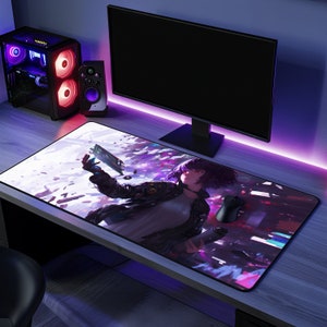 Cyberpunk Waifu Tech, Anime Girl Mousepad with Hologram and Water Bottle, Gaming & Anime Decor Must-Have
