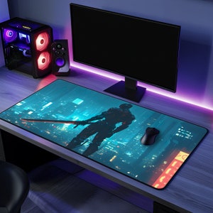 Cyberpunk Sentinel Mousepad | Anime Sci-Fi Art | Gamer Gift | Desk Decor | Neon Cityscape | Cyborg Warrior