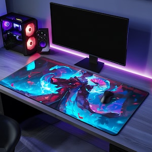 Cyberpunk Geisha Mousepad: Neon Anime Art, Tech Desk Decor