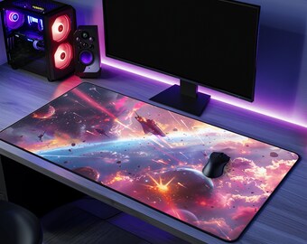 Space Mouse Pad for Gamers - Cosmic Battle Design, Anti-Fray, Non-Slip for Gaming Enthusiasts, Great Gamer Gift