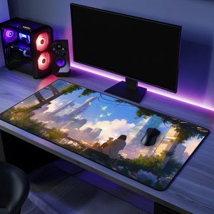 Cyberpunk Rooftop Garden Mousepad: Anime Gamer Desk Decor