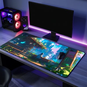 Cyberpunk Rooftop Oasis Mousepad: Anime Neon City Desk Decor