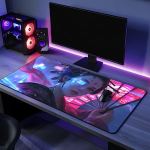 Cyberpunk Geisha Mousepad: Anime Gamer Desk Decor