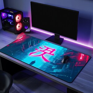 Cyberpunk Mousepad: Neon Kanji, Anime Gamer Desk Decor