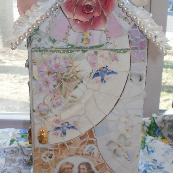 Shabby chic cottage mosaic cd  holder birdhouse fairy doll house broken china jewels etsy art in mosaic