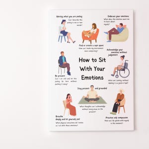 May include: A colorful infographic with illustrations of people sitting in different positions. The infographic provides tips on how to sit with your emotions, including identifying what you are feeling, embracing your emotions, finding a safe space, being present, staying present and grounded, acknowledging your emotions without judgment, breathing deeply, and practicing self-compassion.