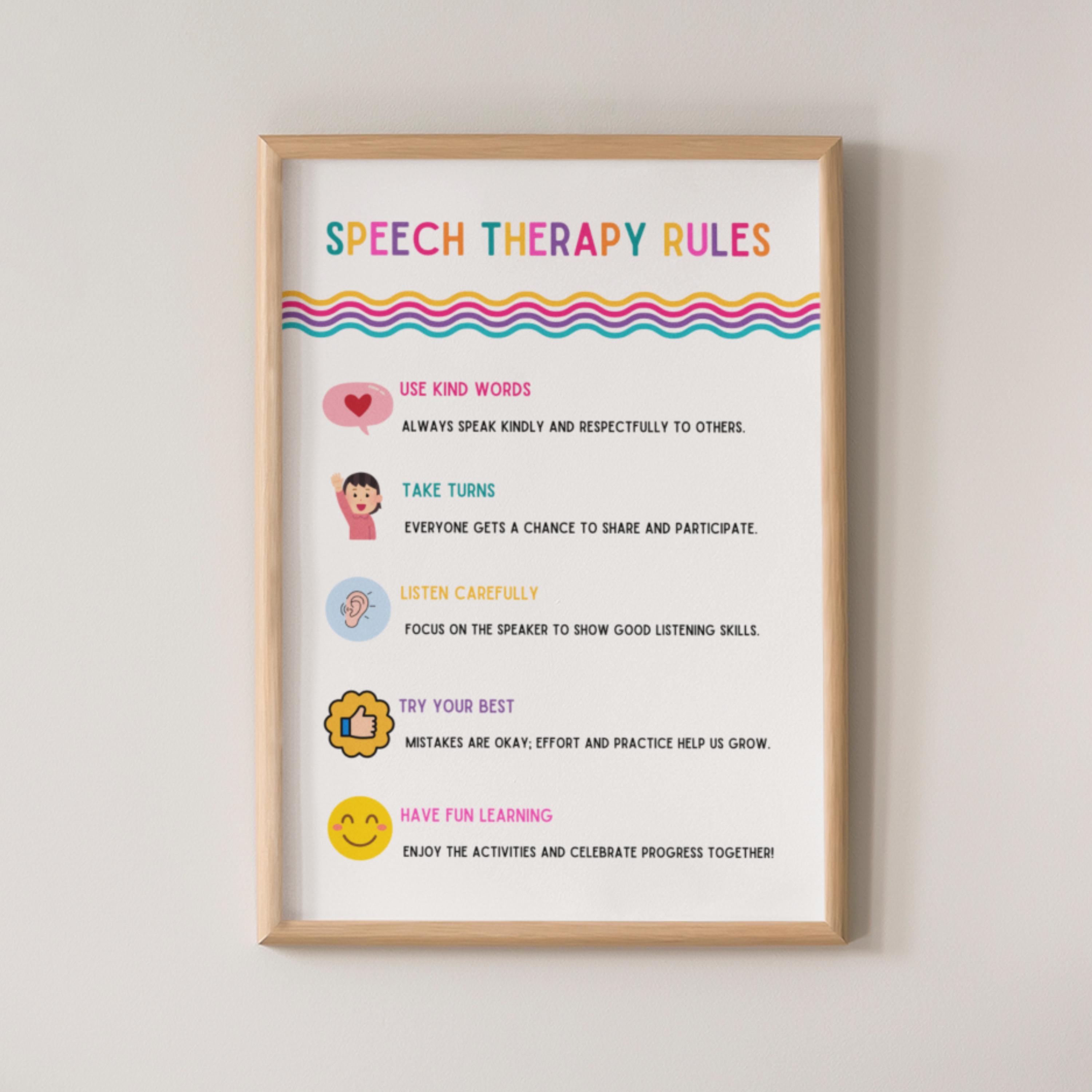 Speech Therapy Rules Wall Art Room Decor, Colorful Pediatric SLP Poster ...