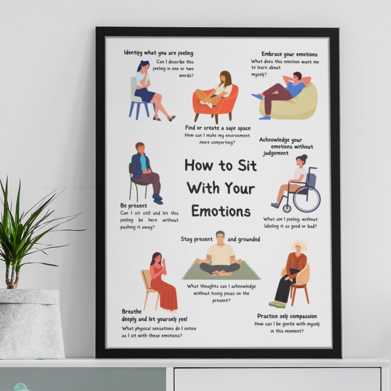 May include: A colorful poster with illustrations of people sitting in different positions. The poster is titled "How to Sit With Your Emotions" and includes phrases like "Be present", "Stay present and grounded", "Acknowledge your emotions without judgement", "Breathe deeply and let yourself feel", and "Practice self compassion".