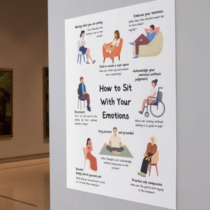 May include: White poster with black text and illustrations of people sitting in different positions. The poster is titled "How to Sit With Your Emotions" and includes phrases like "Be present", "Stay present and grounded", "Acknowledge your emotions without judgement", "Practice self compassion", and "Breathe deeply and let yourself feel".