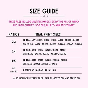 May include: A size guide for digital images, showing different aspect ratios and corresponding print sizes in inches and centimeters. The guide includes standard paper sizes like A5, A4, A3, A2, A1, and AO.