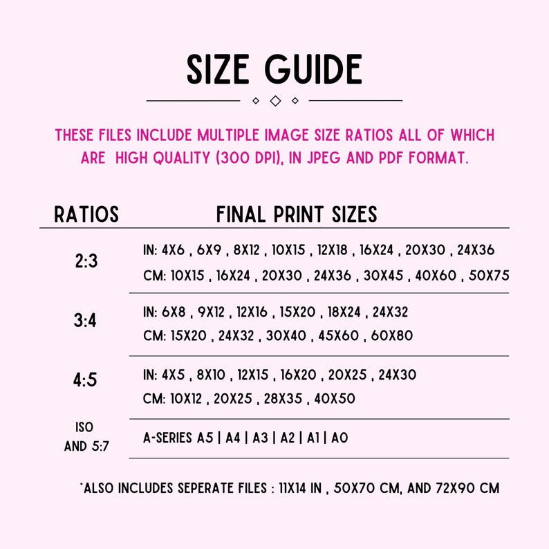 May include: A size guide for digital images, showing different aspect ratios and corresponding print sizes in inches and centimeters. The guide includes standard paper sizes like A5, A4, A3, A2, A1, and AO.