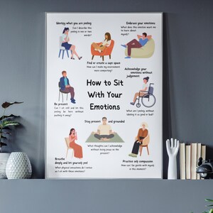 May include: A colorful poster with illustrations of people sitting in different positions. The poster is titled "How to Sit With Your Emotions" and includes phrases like "Stay present and grounded", "Acknowledge your emotions without judgement", and "Practice self compassion".