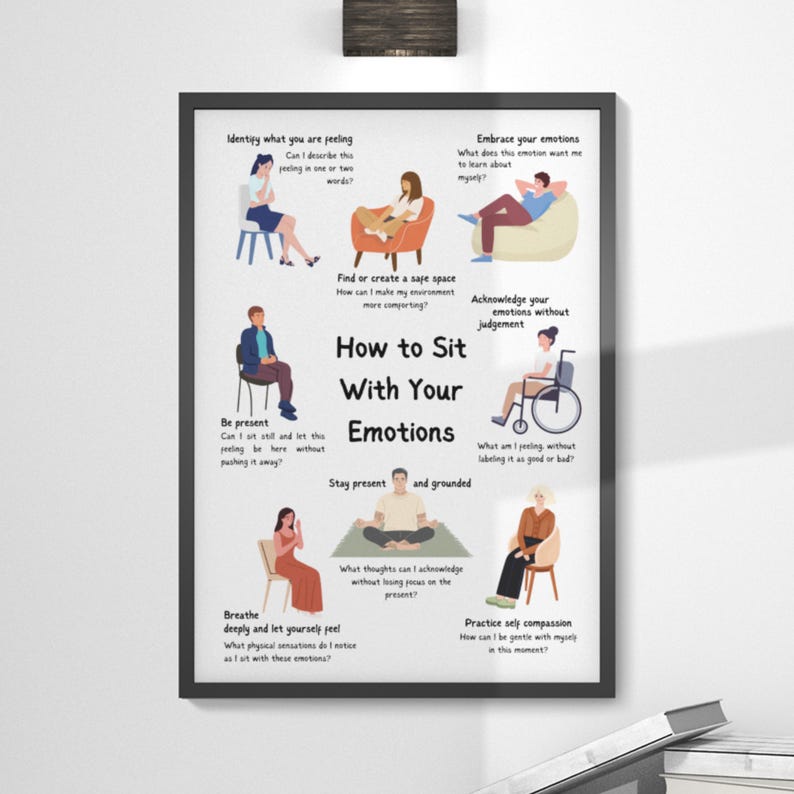 May include: A colorful poster with illustrations of people sitting in different positions. The poster is titled "How to Sit With Your Emotions" and includes phrases like "Stay present and grounded", "Acknowledge your emotions without judgement", and "Practice self compassion".