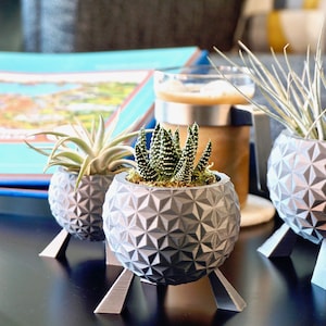 Epcot Spaceship Earth Inspired Planter: 3D Printed Silver Geometric Sculpture