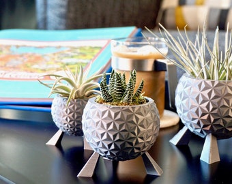 Epcot Spaceship Earth Inspired Planter: 3D Printed Silver Geometric Sculpture