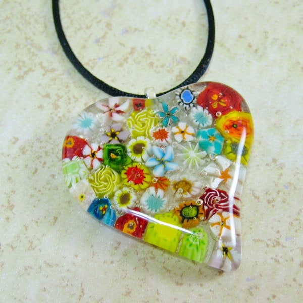 Heart Pendant/Fused Glass Pendant/Fused Glass Heart Pendant/Fused Glass Murrini Heart Pendant - Fused Glass Jewelry - Statement Piece