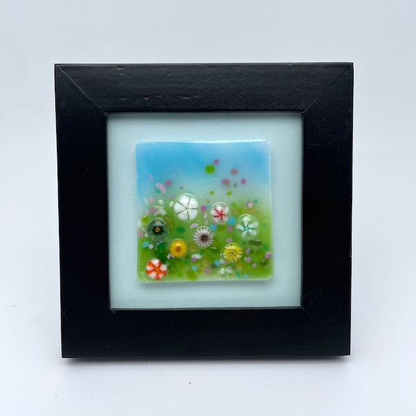 Framed Millifiori Glass Flower Meadow/Fused Glass Flower Meadow/Millifiori Glass Flower Meadow in Black Table Frame