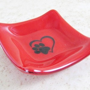 Trinket Dish/Fused Glass Ring & Trinket Dish - Heart with Pet Paw/Pet Lovers