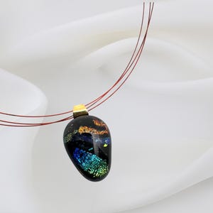 Fused Dichroic Glass Necklace Orange, Gold, Green & Blue Dichroic on Black base/ Dichroic Fused Glass Pendant/ Dichroic Fused Glass Jewelry