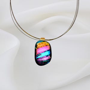 Fused Dichroic Glass Brilliant Colorful Pendant w/Black base/ Dichroic Fused Glass Pendant/ Dichroic Fused Glass Jewelry