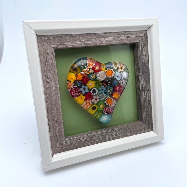 Framed Millefiori Glass Heart/Fused Glass Heart/Glass Heart in White Table Frame