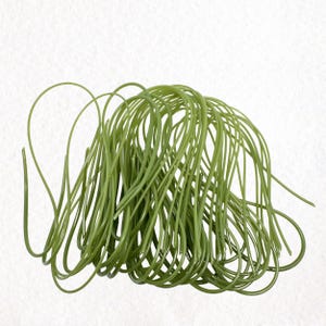May include: A bundle of olive green, flexible, thin cords, possibly for crafting or decorative purposes. The cords are arranged in a dense, intertwined cluster, with some loops extending outwards. The background is a plain white.