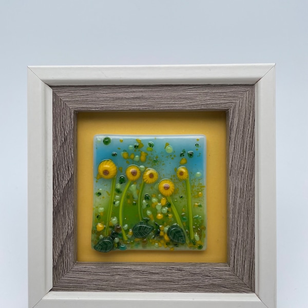 Framed Millefiori Glass Sunflower Meadow/Fused Glass Sunflower Meadow/Millifiori Glass Sunflower Meadow in White Table Frame