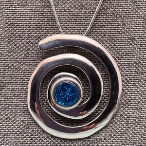 Aqua Dichroic Fused Glass Spiral Pendant: Silver Plated Jewelry