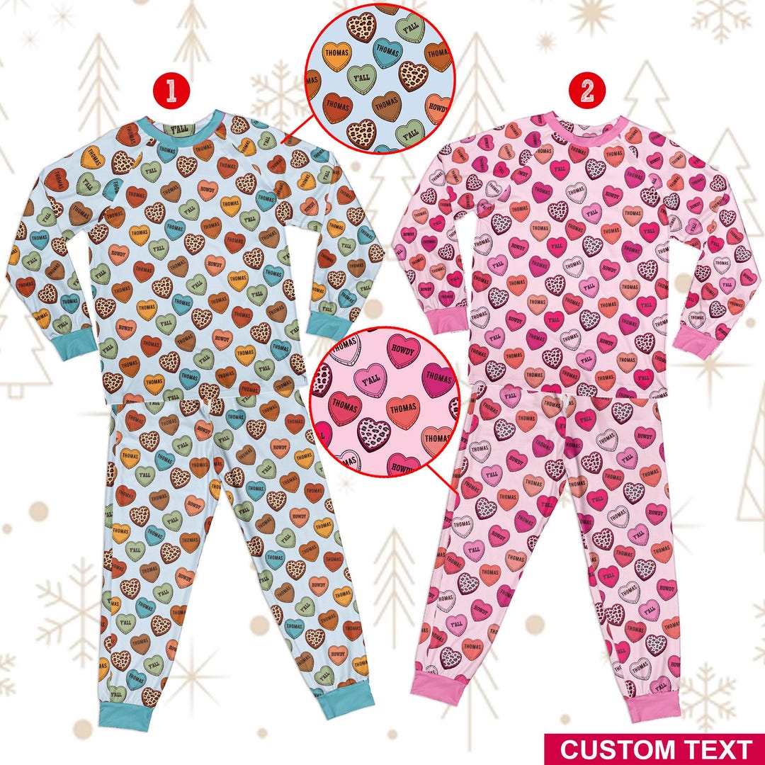 Pyjamas Fancy Text Custom Text Pajamas for Kids, Candy Heart PJ Set, Personalized Kids ...