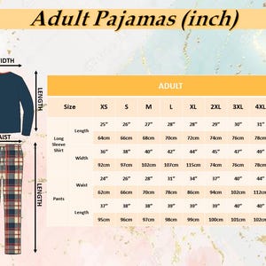 May include: Adult pajama set with a navy blue long-sleeve shirt and plaid pants. The image includes a size chart with measurements in inches and centimeters for shirt length, width, waist, and pants length.
