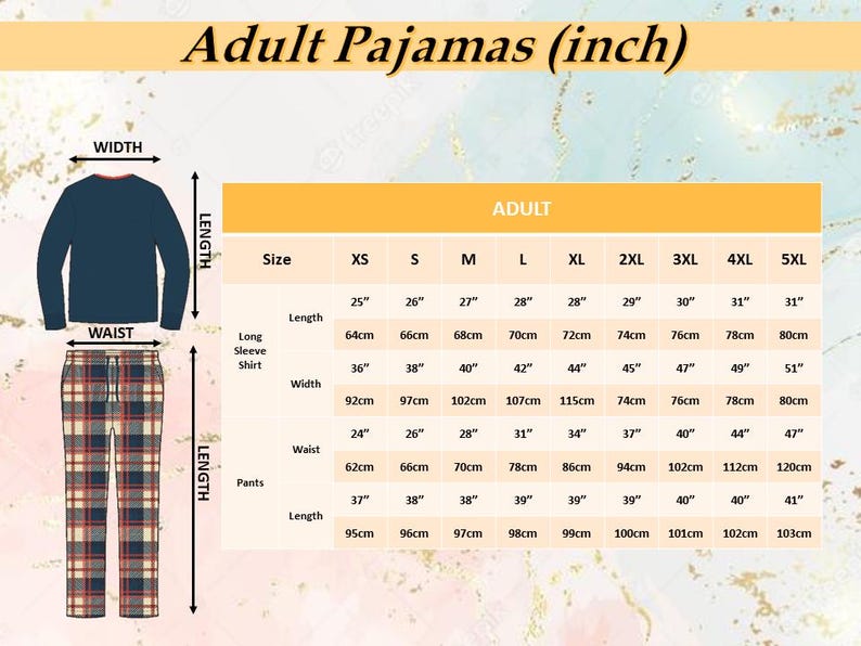 May include: Adult pajama set with a navy blue long-sleeve shirt and plaid pants. The image includes a size chart with measurements in inches and centimeters for shirt length, width, waist, and pants length.