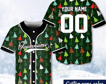 Gepersonaliseerde kersthonkbaljersey, aangepaste naam honkbaltrui, kerstboom, peperkoekshirt, beljersey, bel, pareljersey