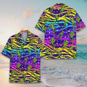 Psychedelic Alien Hawaiian Shirt for Men Women Youth, Cute Dancing Alien Aloha Button Up Shirt, Space Festival Outfit