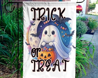 トリック・オア・トリート ゴーストガーデンフラッグ かわいいハロウィンパンプキンヤードバナー 秋の屋外不気味な装飾 お化け屋敷のウェルカムサイン ポーチや芝生用