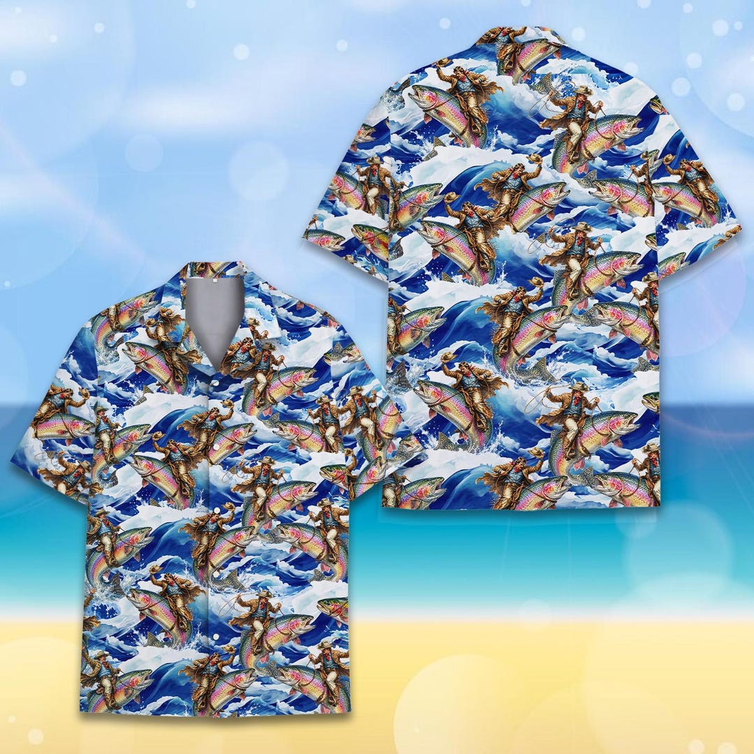 Funny Cowboy Fishing Hawaiian Shirt for Men Women Youth, Rainbow Funny Cowboy Fishing Hawaiian Shirt for Men Women Youth, Rainbow