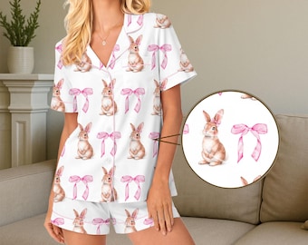Bunny Pajamas Women Easter Pajamas Rabbit Sleepwear Cute Bunny Pj Pink Bow Pajamas Kawaii Pajamas Pastel Pajamas Gift For Her