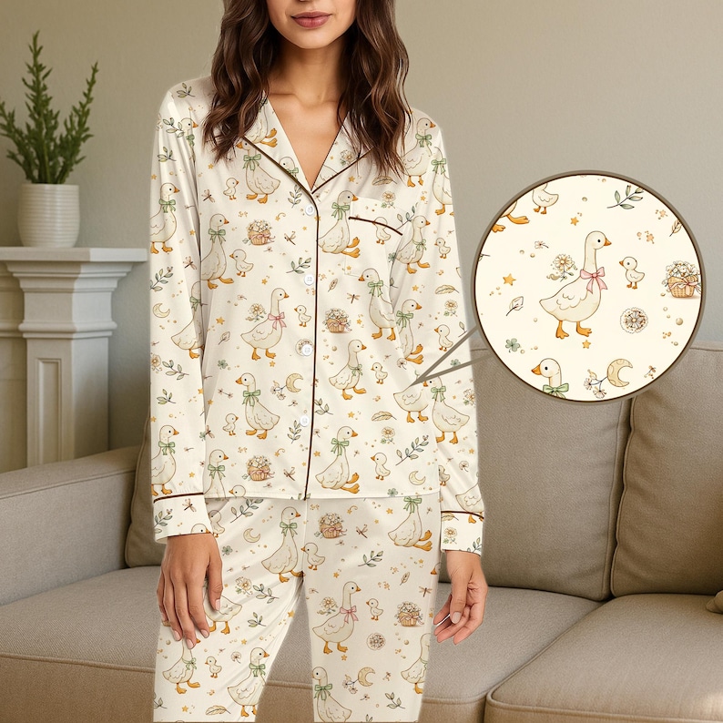 Ankpyjamasset för kvinnor, sött gåspyjamasset, kort eller lång pyjamas, mysigt djurtryckt pyjamasset i cottagecore-stil, rolig gåsskjorta bild 3