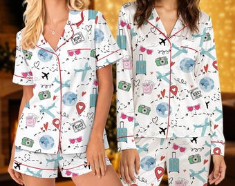 Travel Pajama Set for Women, Cute Airplane Passport Camera Sleepwear, Short Sleeve & Long Sleeve Pajamas Set, Vacation Lounge Outfit