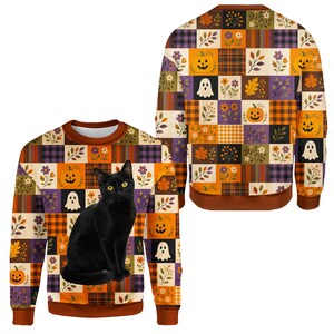 Maglione di Halloween con gatto nero carino, maglietta patchwork autunnale vintage, girocollo per la stagione spettrale, maglietta con gatto di zucca, regalo di Halloween